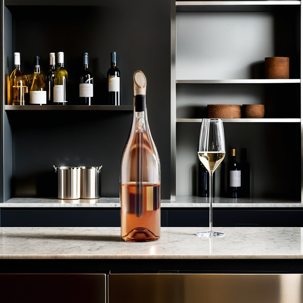 Wine bottle chiller stick inside of a wine bottle next to a wine glass on a bar countertop