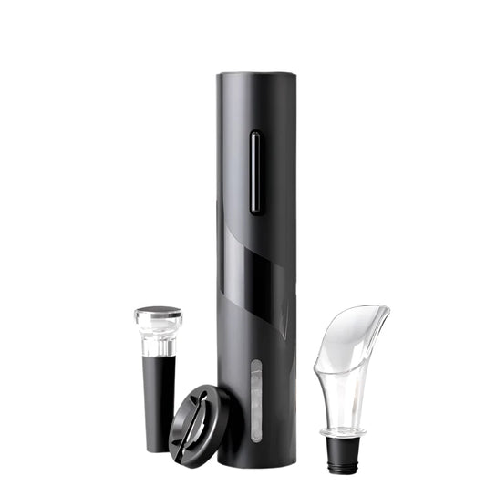 Black electric wine bottle opener set with a foil cutter, wine pourer, and wine stopper